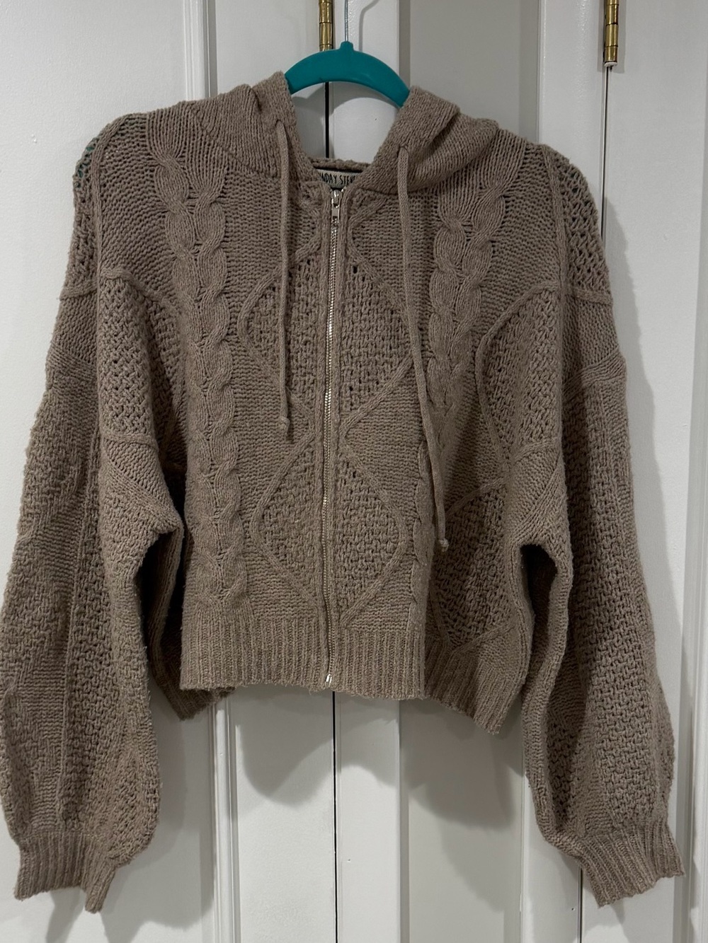 Cable-Knit Hooded Zip Cardigan — Taupe